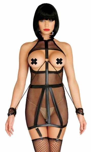 Picture of Wet Look Fishnet Bondage Garter Dress with Restraint Cuffs - Medium/Large